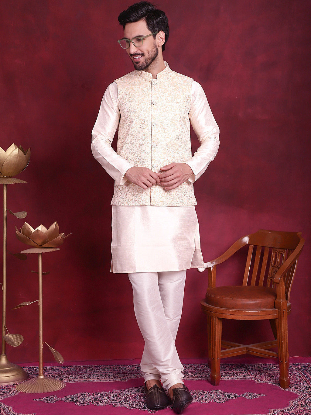 Jompers Men's Woven Design Nehru Jacket With Kurta Pyjama Set - Cream | Grocsy