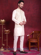 Jompers Men's Woven Design Nehru Jacket With Kurta Pyjama Set - Cream | Grocsy