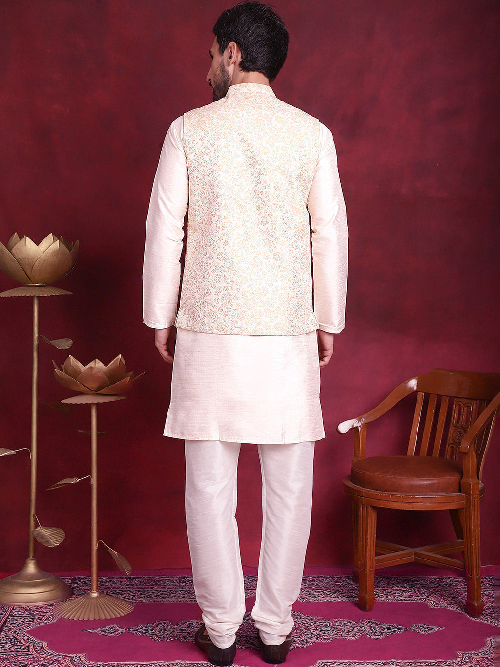 Jompers Men's Woven Design Nehru Jacket With Kurta Pyjama Set - Cream | Grocsy