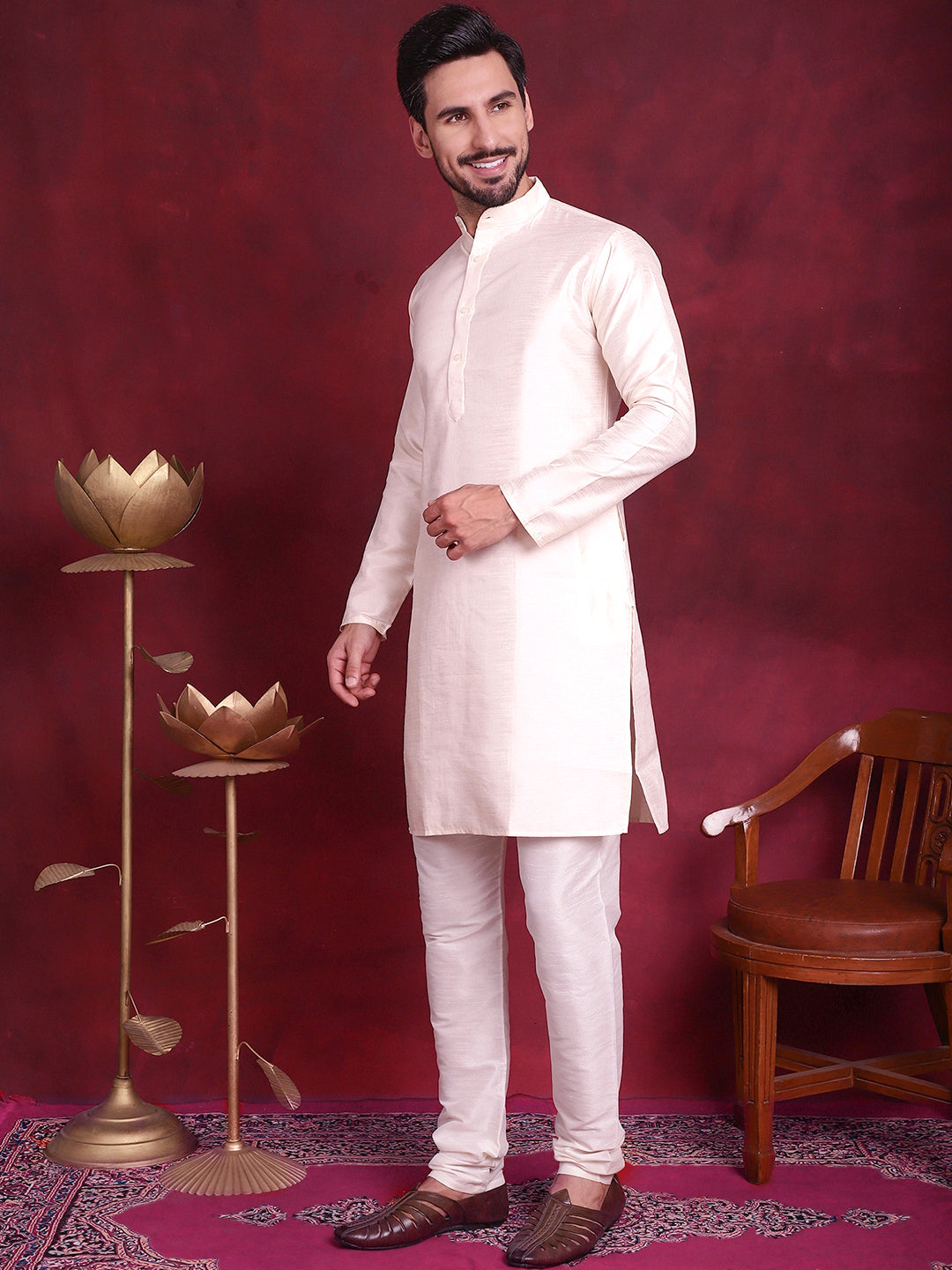 Jompers Men's Woven Design Nehru Jacket With Kurta Pyjama Set - Cream | Grocsy
