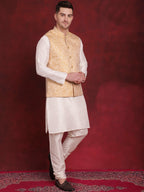 Jompers Men's Golden Woven Design Nehru Jacket With Kurta Pyjama Set | Grocsy