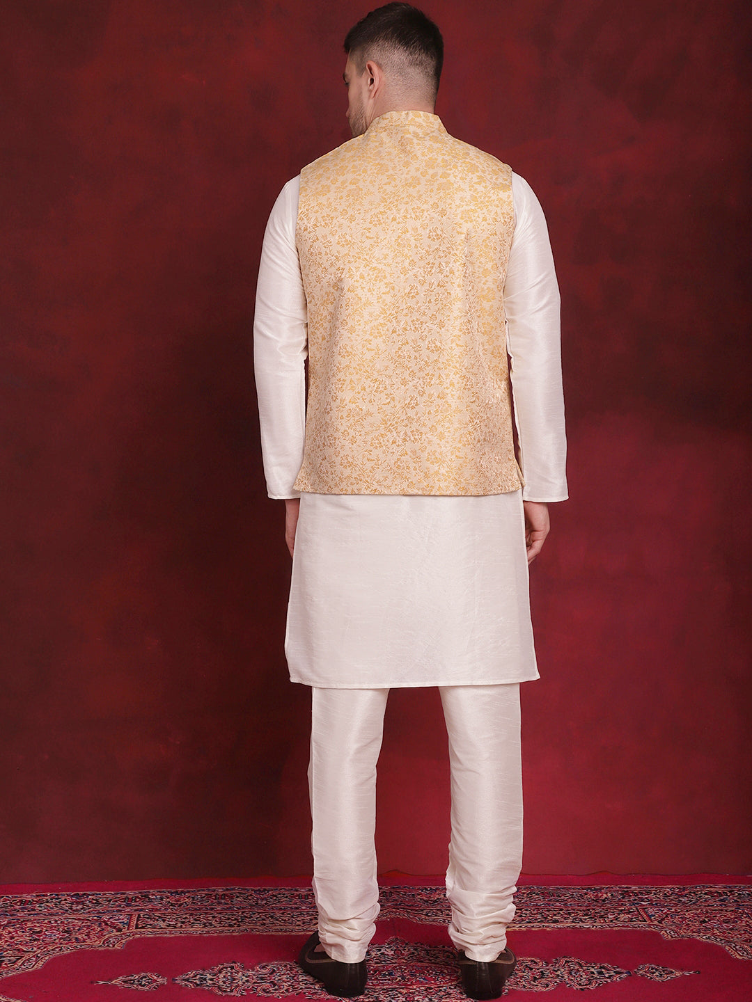 Jompers Men's Golden Woven Design Nehru Jacket With Kurta Pyjama Set | Grocsy