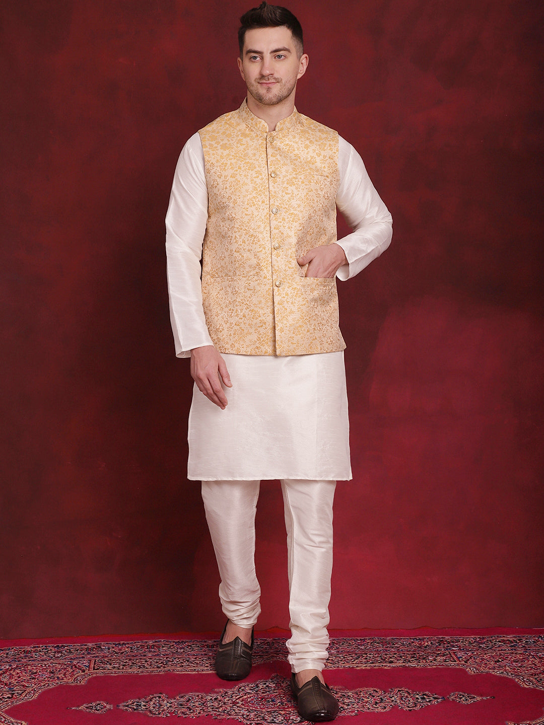 Jompers Men's Golden Woven Design Nehru Jacket With Kurta Pyjama Set | Grocsy