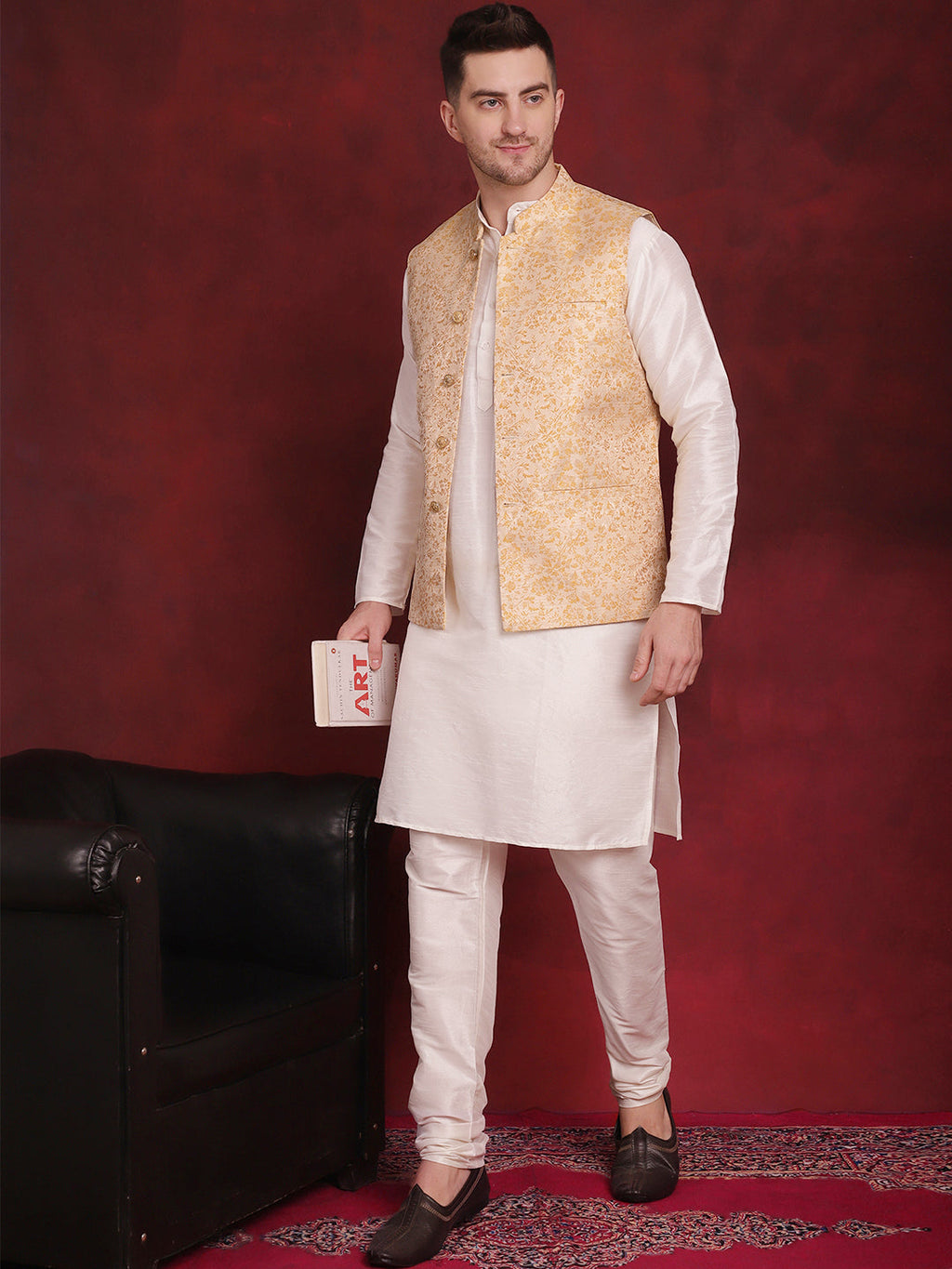 Jompers Men's Golden Woven Design Nehru Jacket With Kurta Pyjama Set | Grocsy