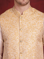 Jompers Men's Golden Woven Design Nehru Jacket With Kurta Pyjama Set | Grocsy