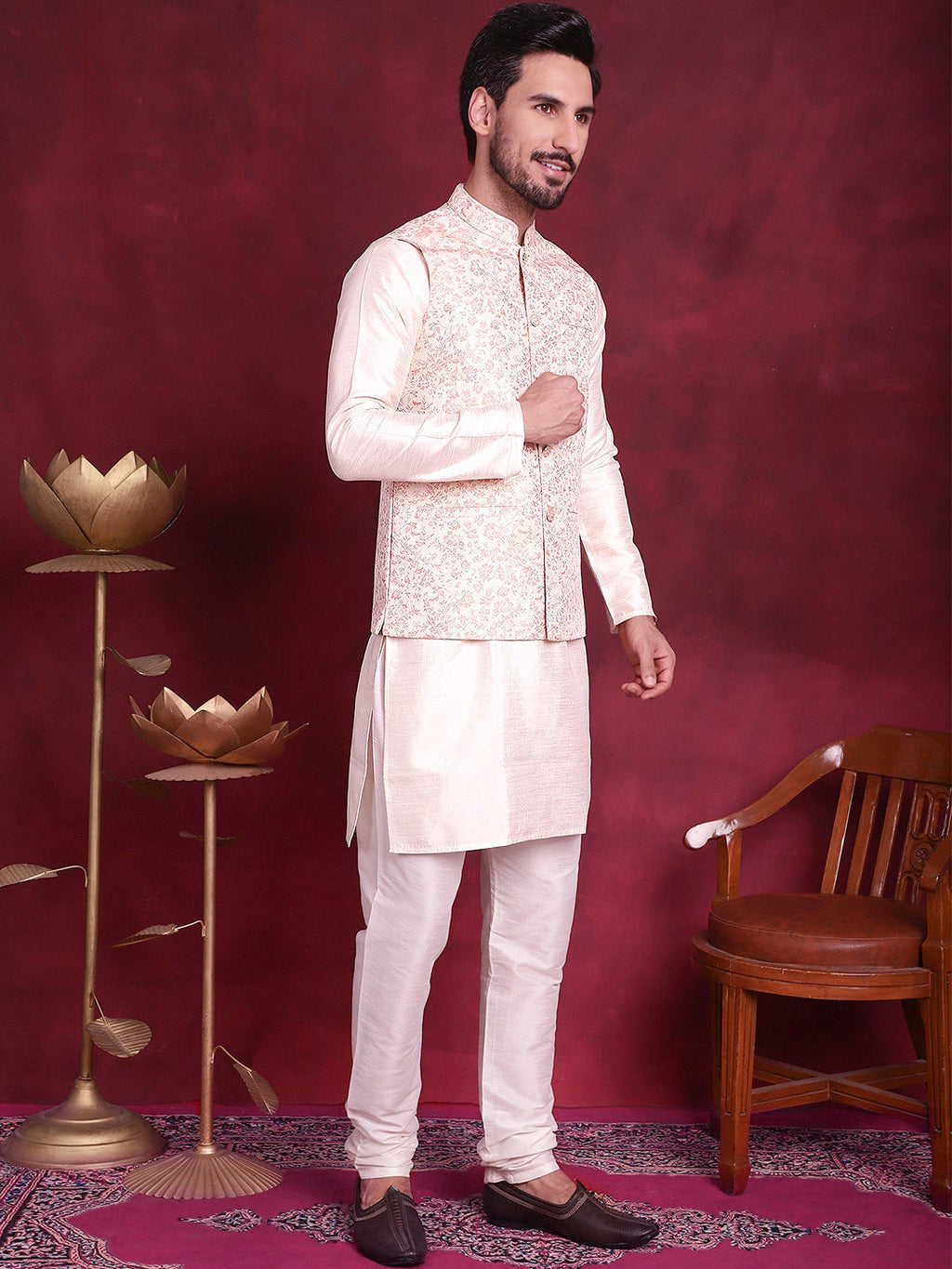 Jompers Men's Woven Design Nehru Jacket With Kurta Pyjama Set - Pink | Grocsy