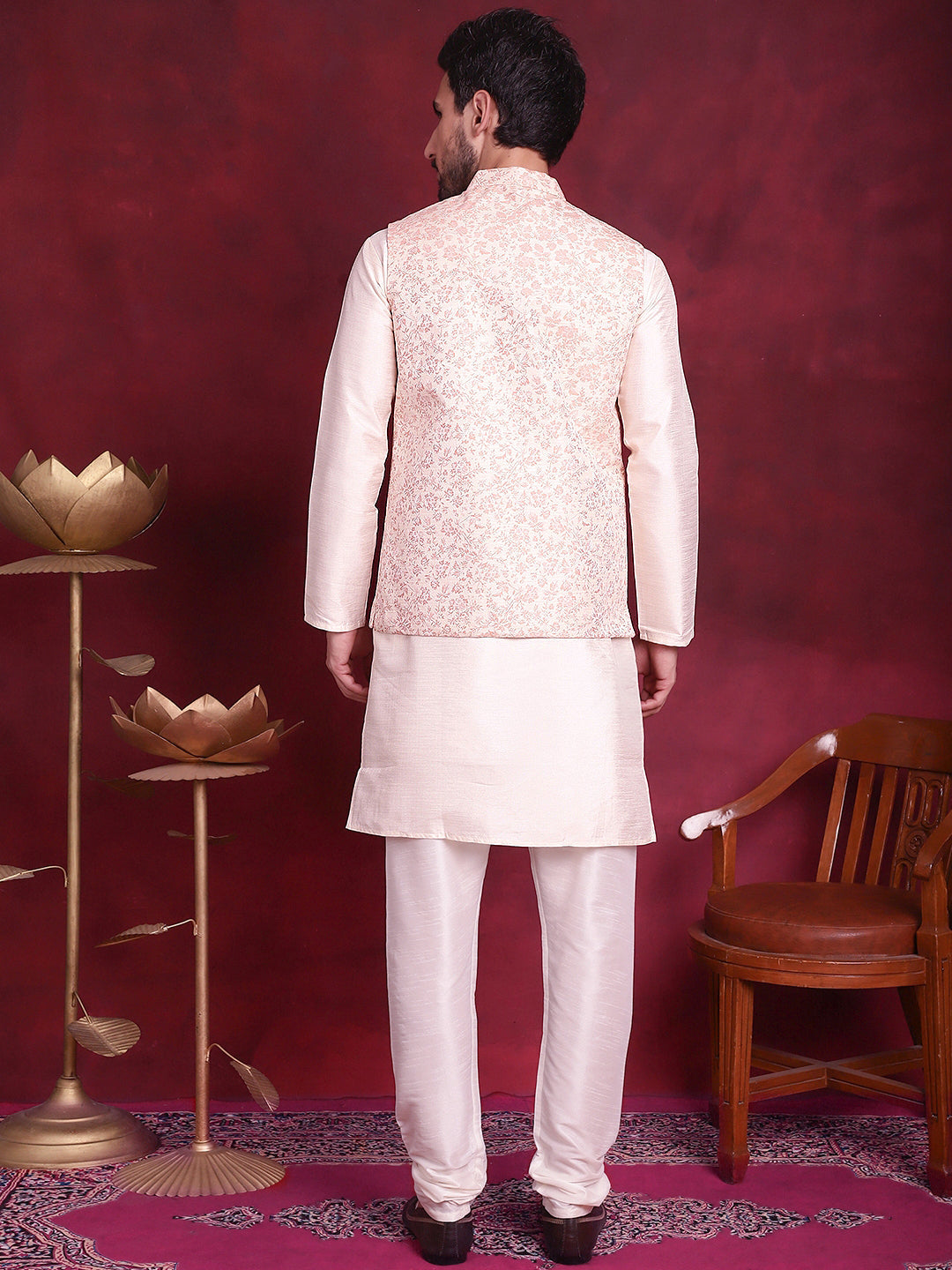 Jompers Men's Woven Design Nehru Jacket With Kurta Pyjama Set - Pink | Grocsy