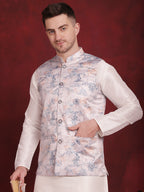 Jompers Men's Silver Floral Printed Nehru Jacket With Kurta Pyjama Set | Grocsy