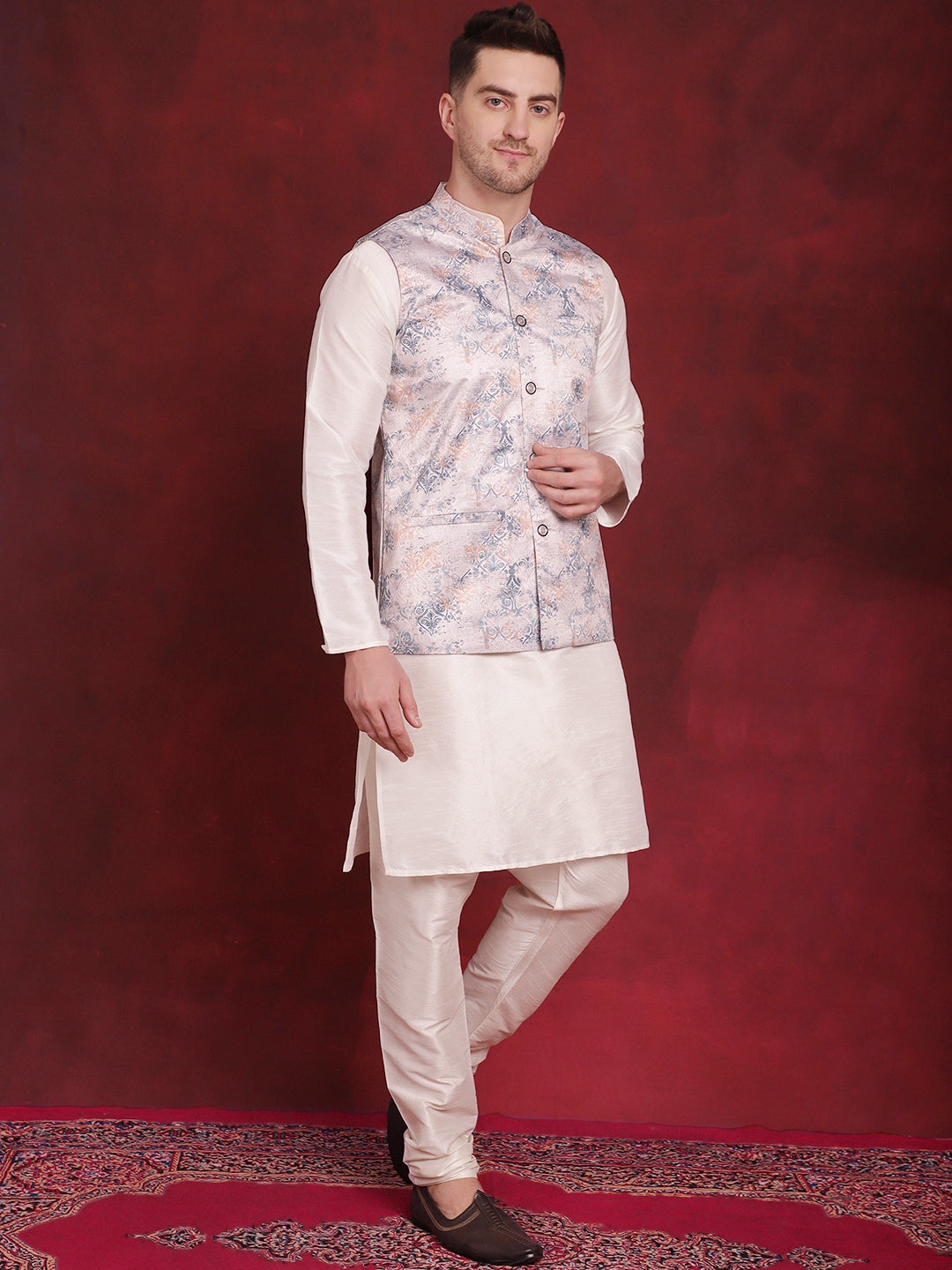 Jompers Men's Silver Floral Printed Nehru Jacket With Kurta Pyjama Set | Grocsy