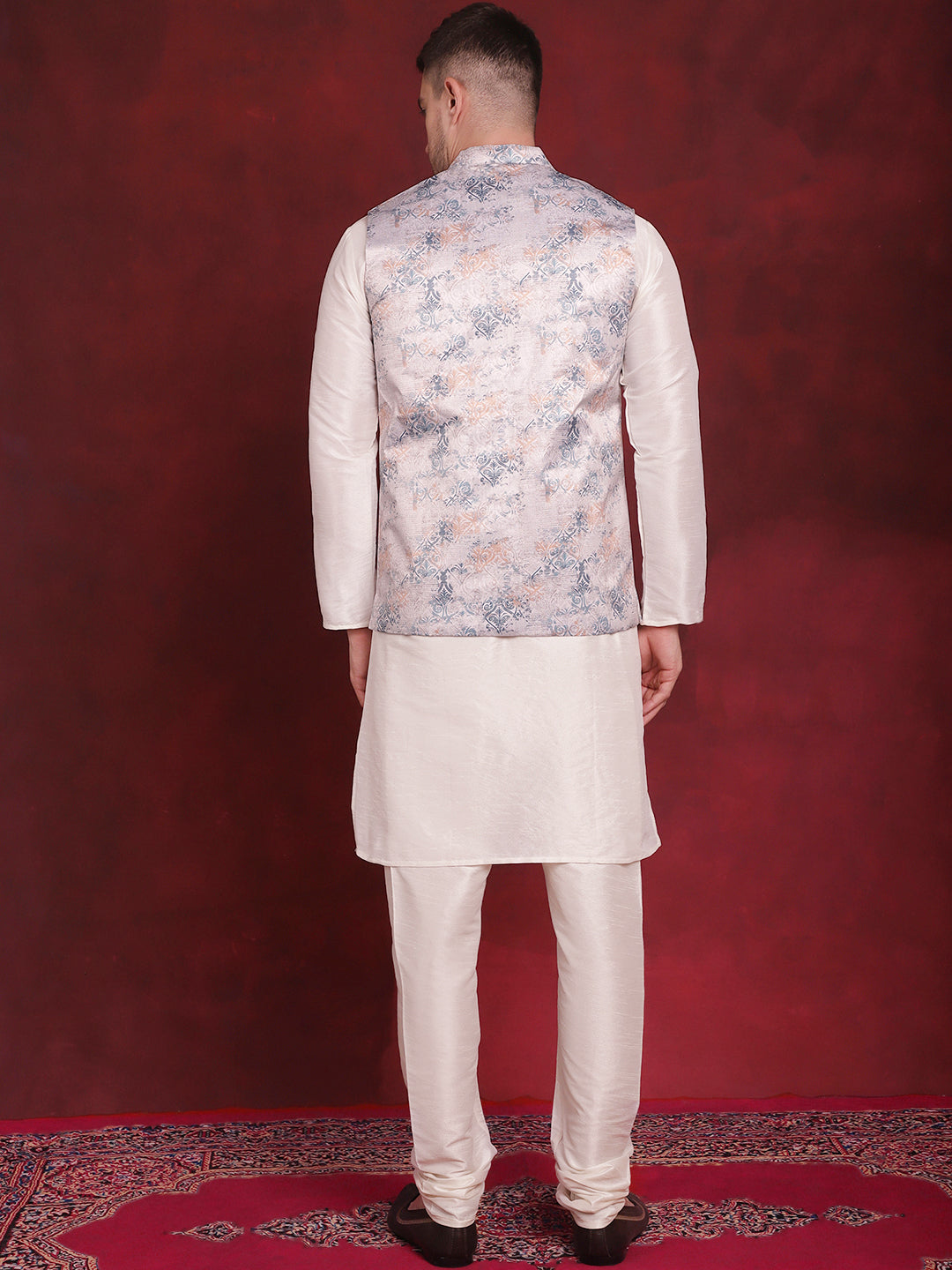 Jompers Men's Silver Floral Printed Nehru Jacket With Kurta Pyjama Set | Grocsy