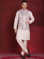 Jompers Men's Silver Floral Printed Nehru Jacket With Kurta Pyjama Set | Grocsy