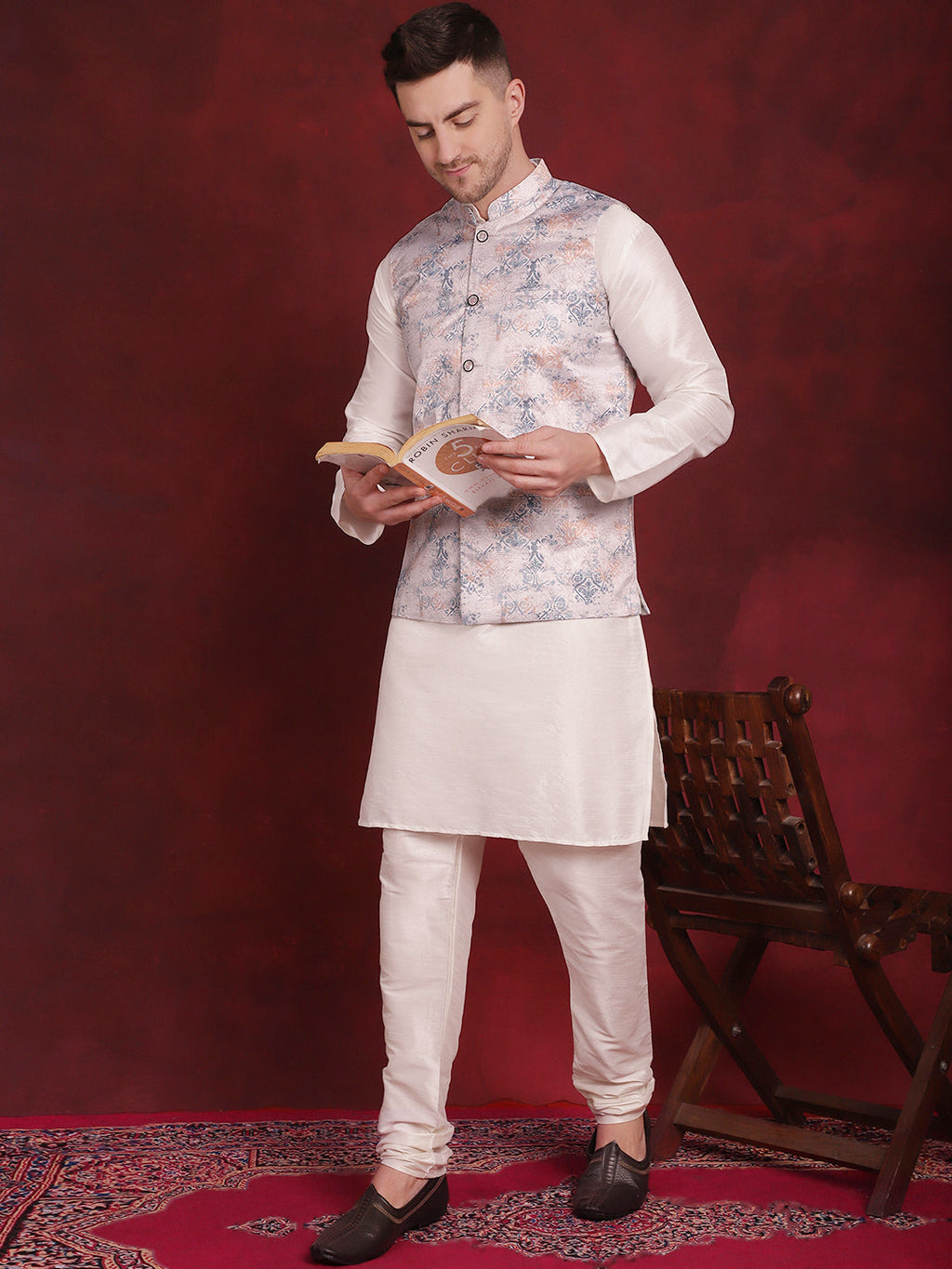 Jompers Men's Silver Floral Printed Nehru Jacket With Kurta Pyjama Set | Grocsy