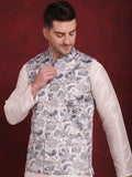 Jompers Men's White Floral Printed Nehru Jacket With Kurta Pyjama Set | Grocsy