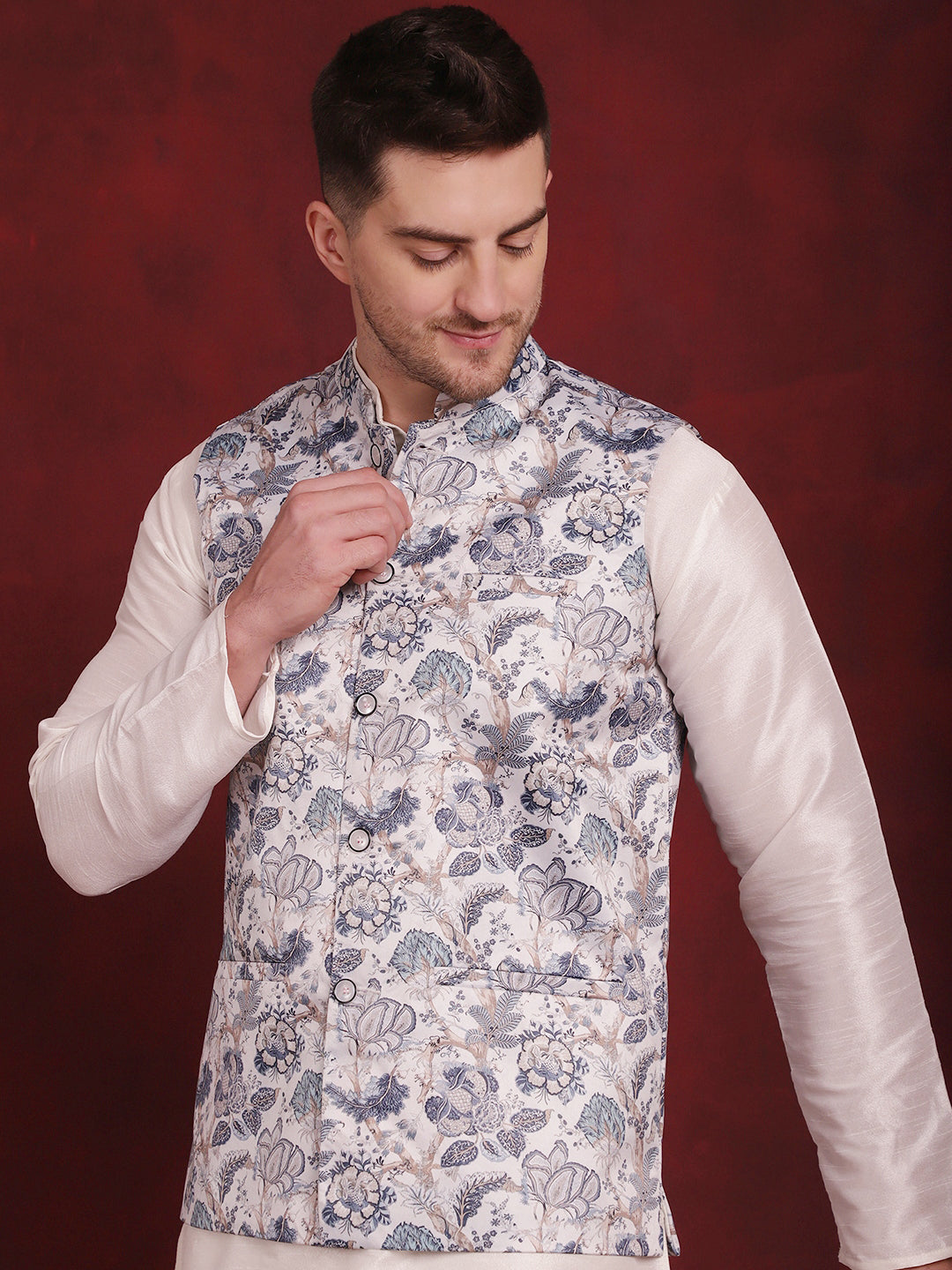 Jompers Men's White Floral Printed Nehru Jacket With Kurta Pyjama Set | Grocsy