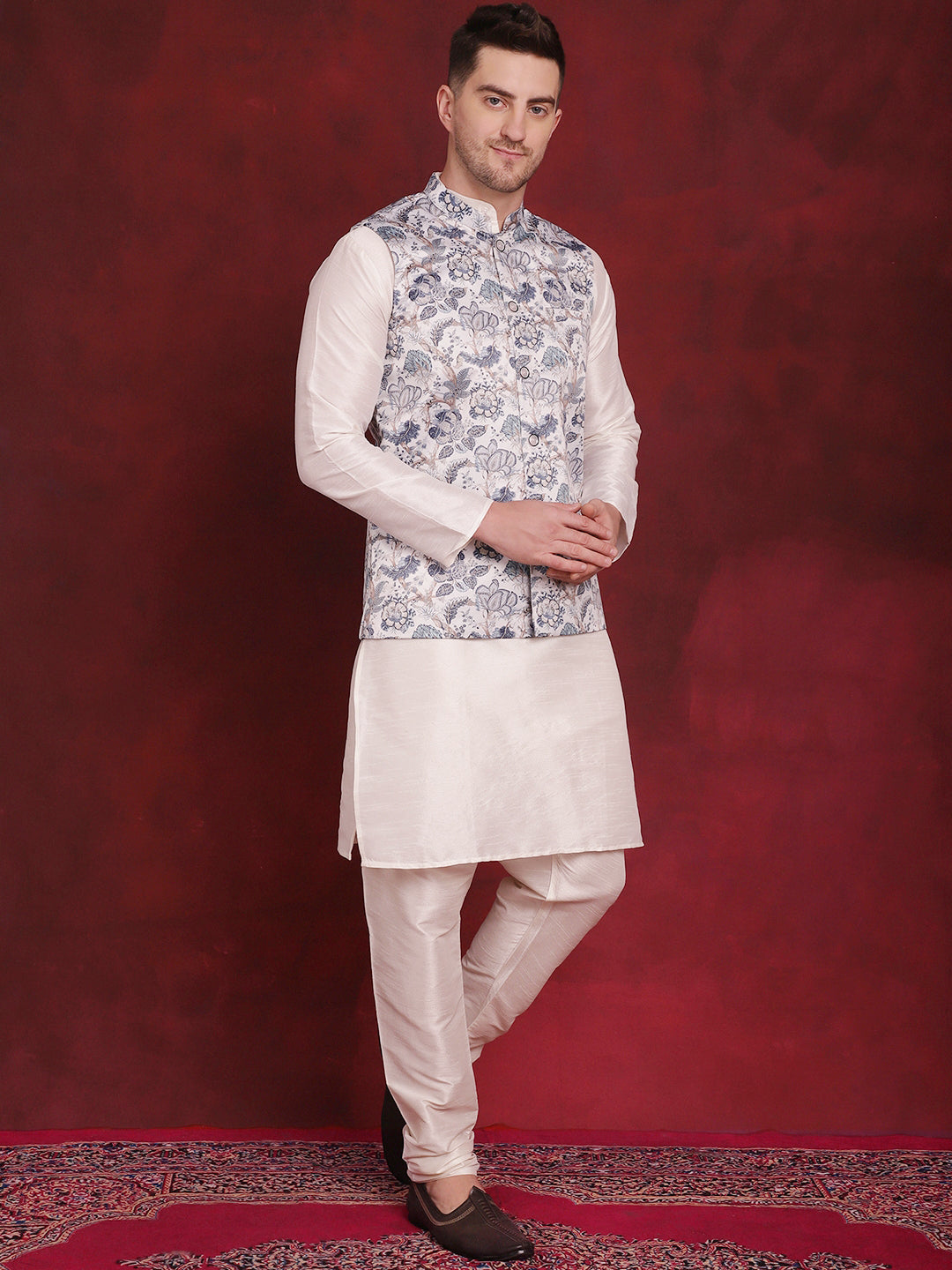 Jompers Men's White Floral Printed Nehru Jacket With Kurta Pyjama Set | Grocsy