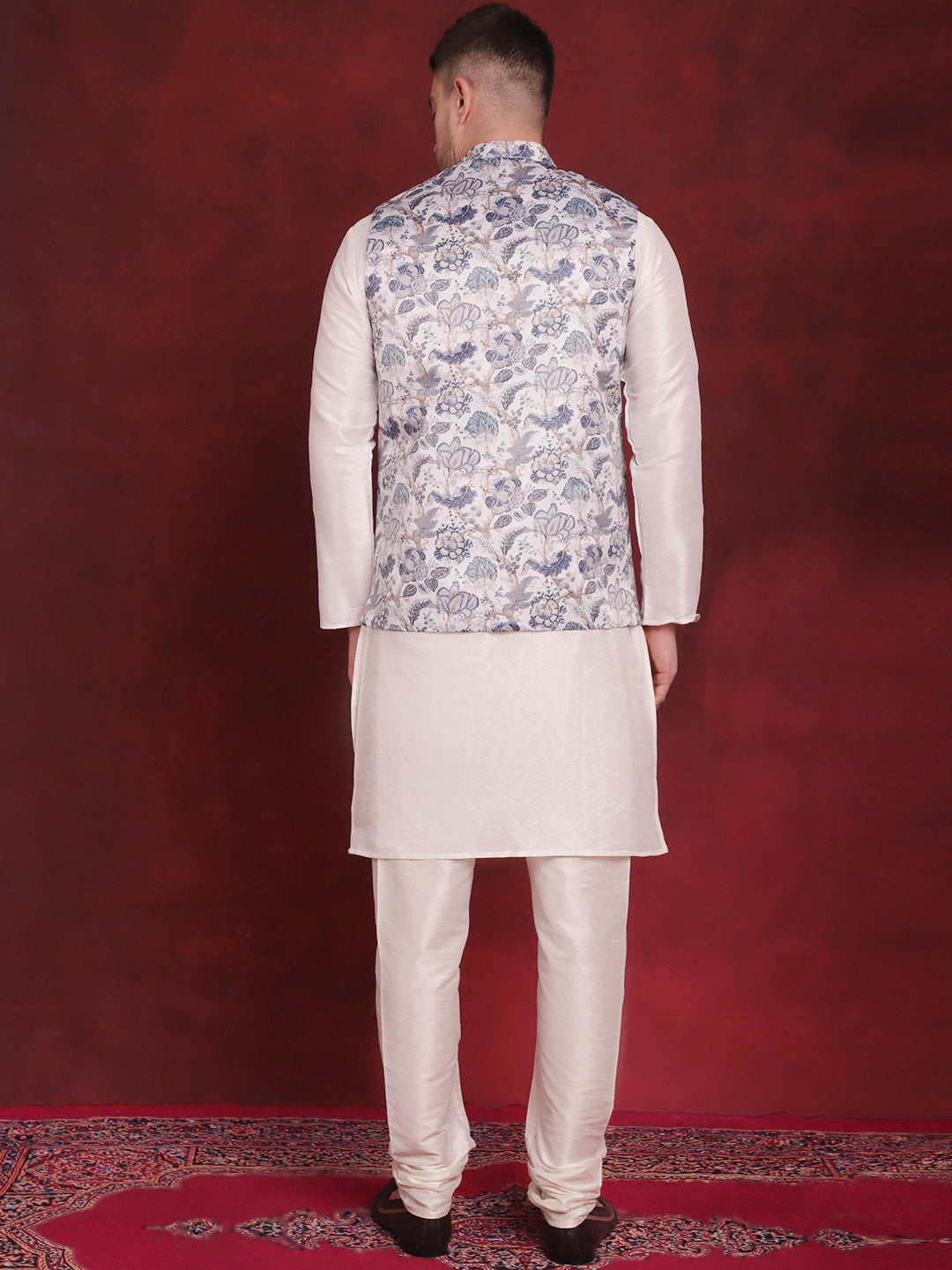 Jompers Men's White Floral Printed Nehru Jacket With Kurta Pyjama Set | Grocsy