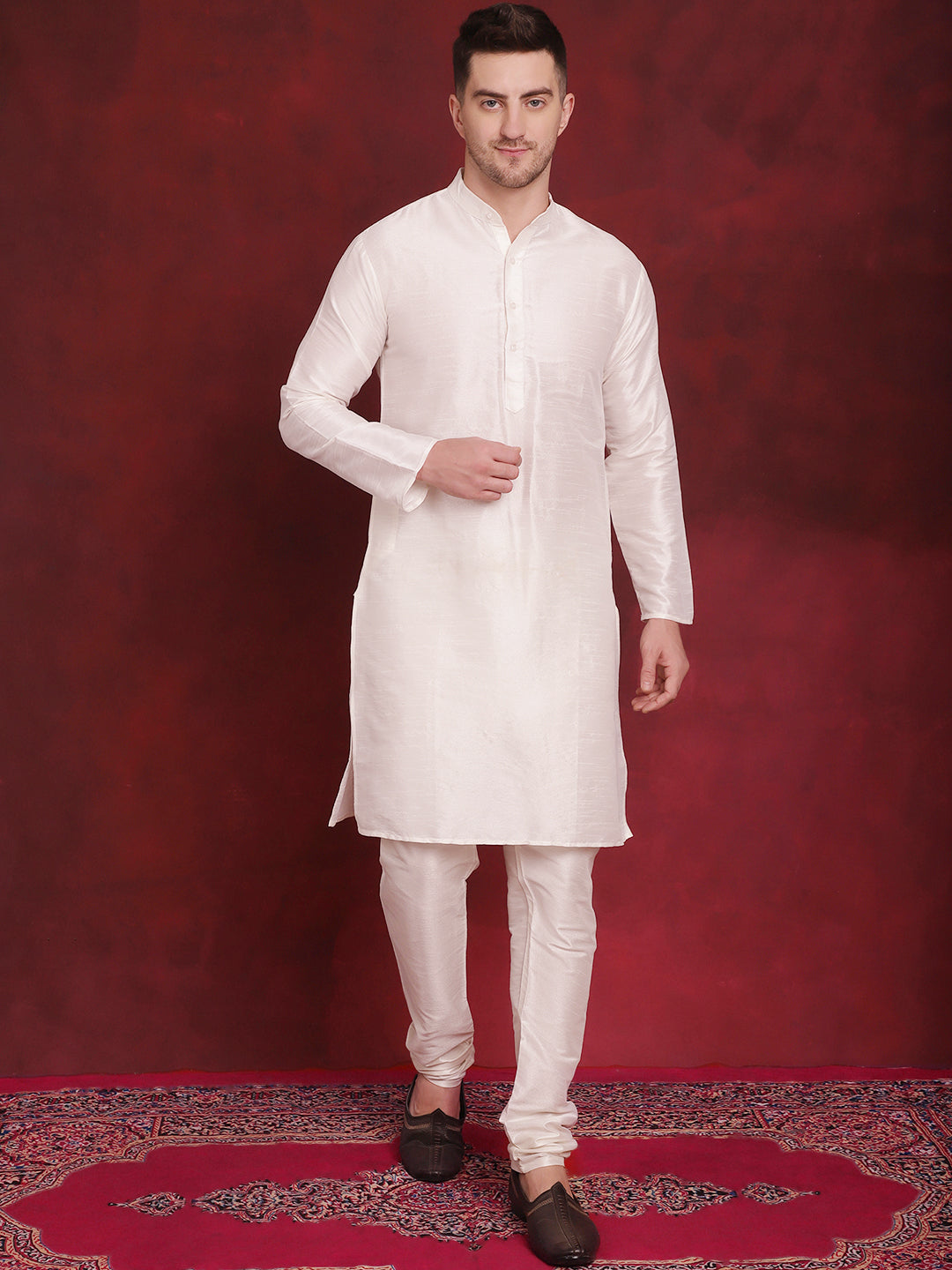 Jompers Men's White Floral Printed Nehru Jacket With Kurta Pyjama Set | Grocsy