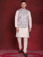 Jompers Men's White Floral Printed Nehru Jacket With Kurta Pyjama Set | Grocsy