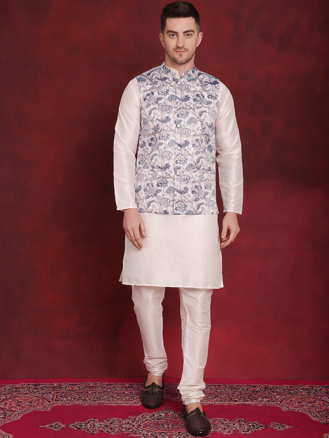 Jompers Men's White Floral Printed Nehru Jacket With Kurta Pyjama Set | Grocsy