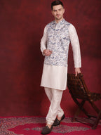 Jompers Men's White Floral Printed Nehru Jacket With Kurta Pyjama Set | Grocsy