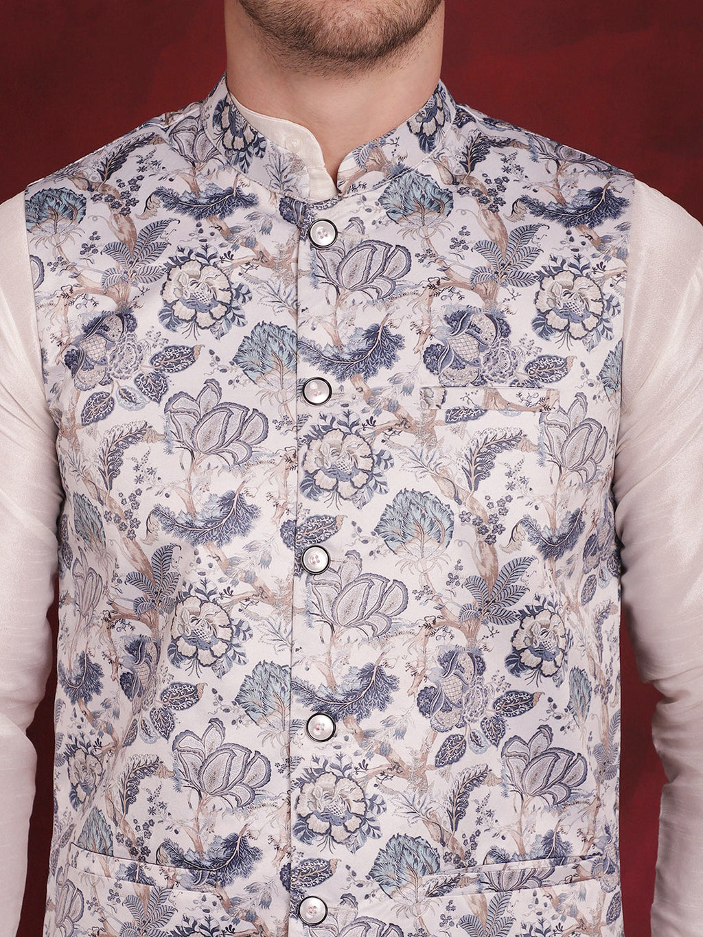 Jompers Men's White Floral Printed Nehru Jacket With Kurta Pyjama Set | Grocsy