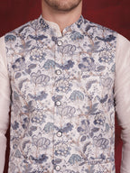 Jompers Men's White Floral Printed Nehru Jacket With Kurta Pyjama Set | Grocsy