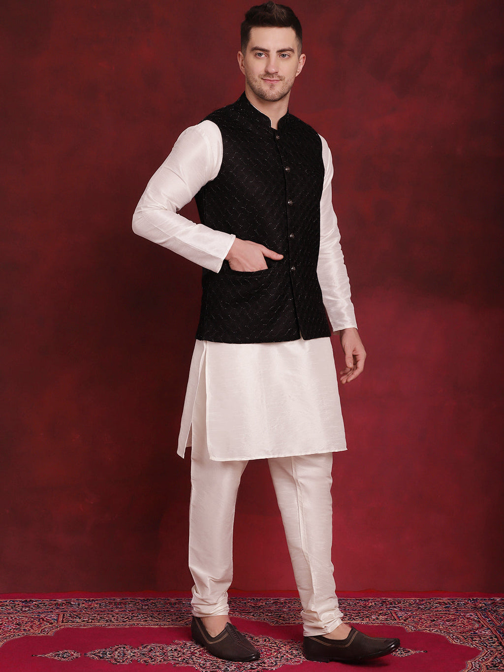Jompers Men's Black Woven Design Nehru Jacket With Kurta Pyjama Set | Grocsy