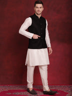 Jompers Men's Black Woven Design Nehru Jacket With Kurta Pyjama Set | Grocsy