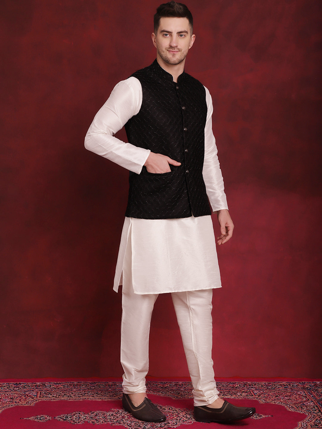 Jompers Men's Black Woven Design Nehru Jacket With Kurta Pyjama Set | Grocsy