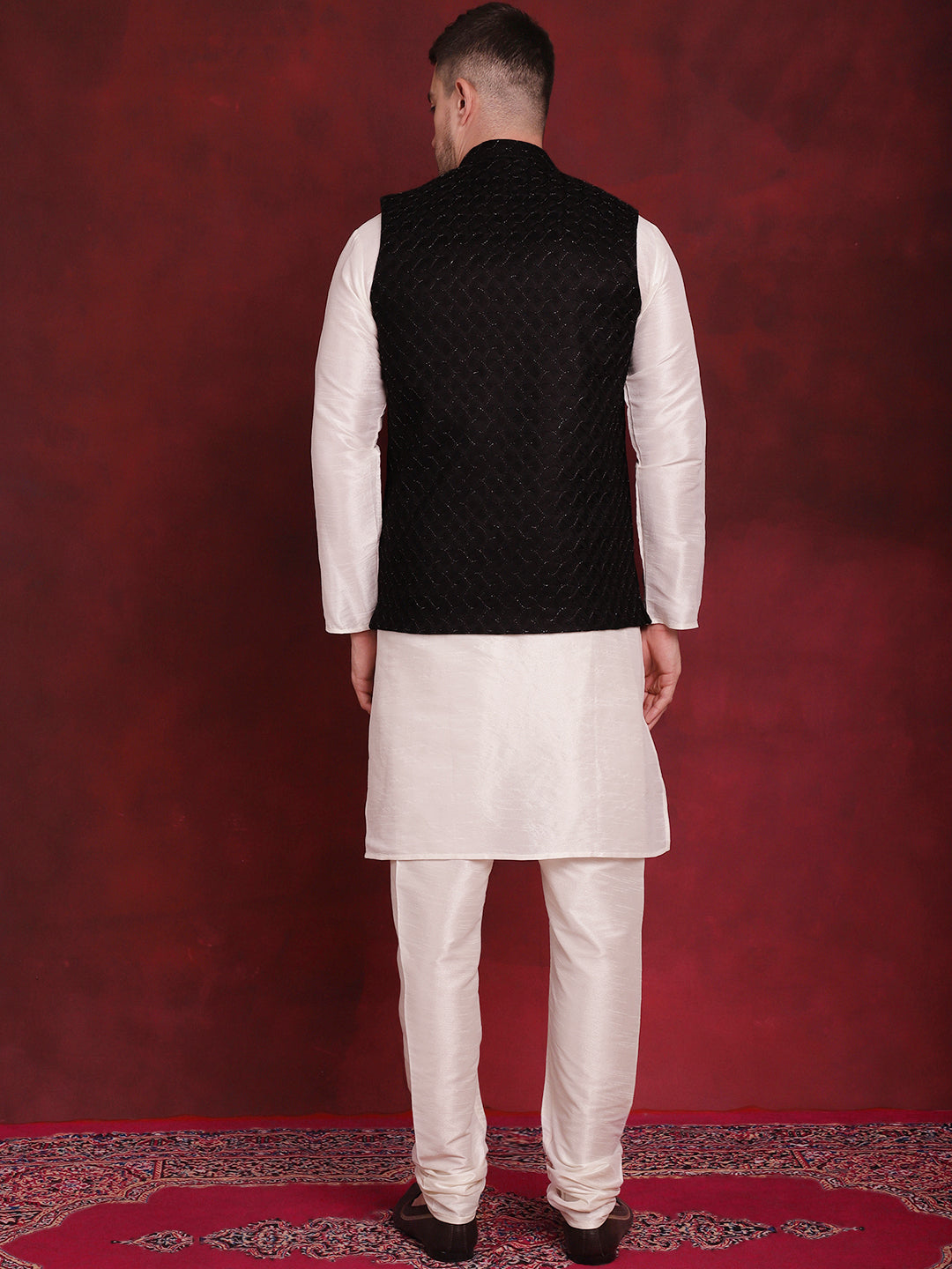Jompers Men's Black Woven Design Nehru Jacket With Kurta Pyjama Set | Grocsy