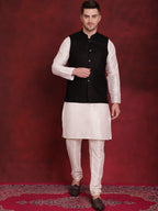 Jompers Men's Black Woven Design Nehru Jacket With Kurta Pyjama Set | Grocsy