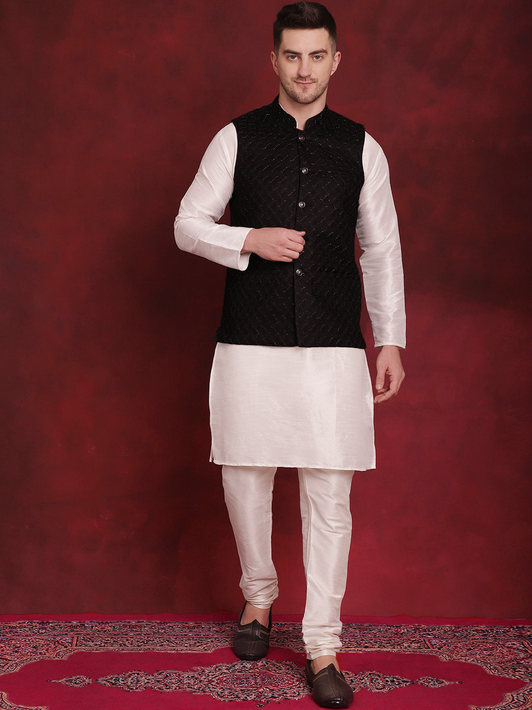 Jompers Men's Black Woven Design Nehru Jacket With Kurta Pyjama Set | Grocsy