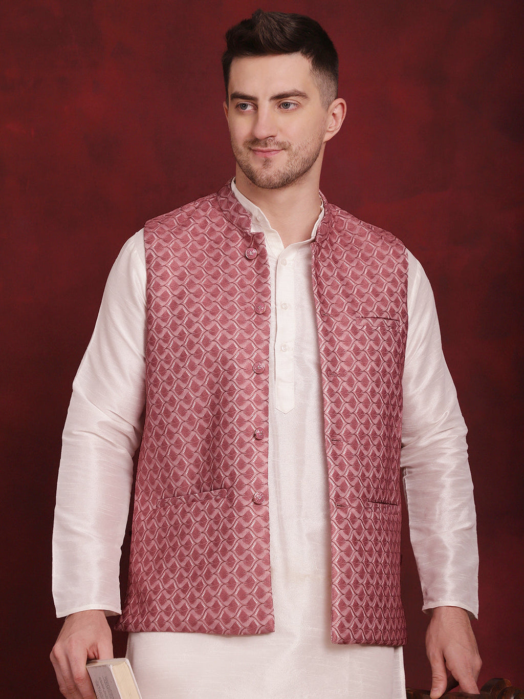 Jompers Men's Coral Woven Design Nehru Jacket With Kurta Pyjama Set | Grocsy