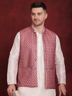 Jompers Men's Coral Woven Design Nehru Jacket With Kurta Pyjama Set | Grocsy