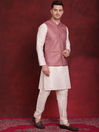 Jompers Men's Coral Woven Design Nehru Jacket With Kurta Pyjama Set | Grocsy