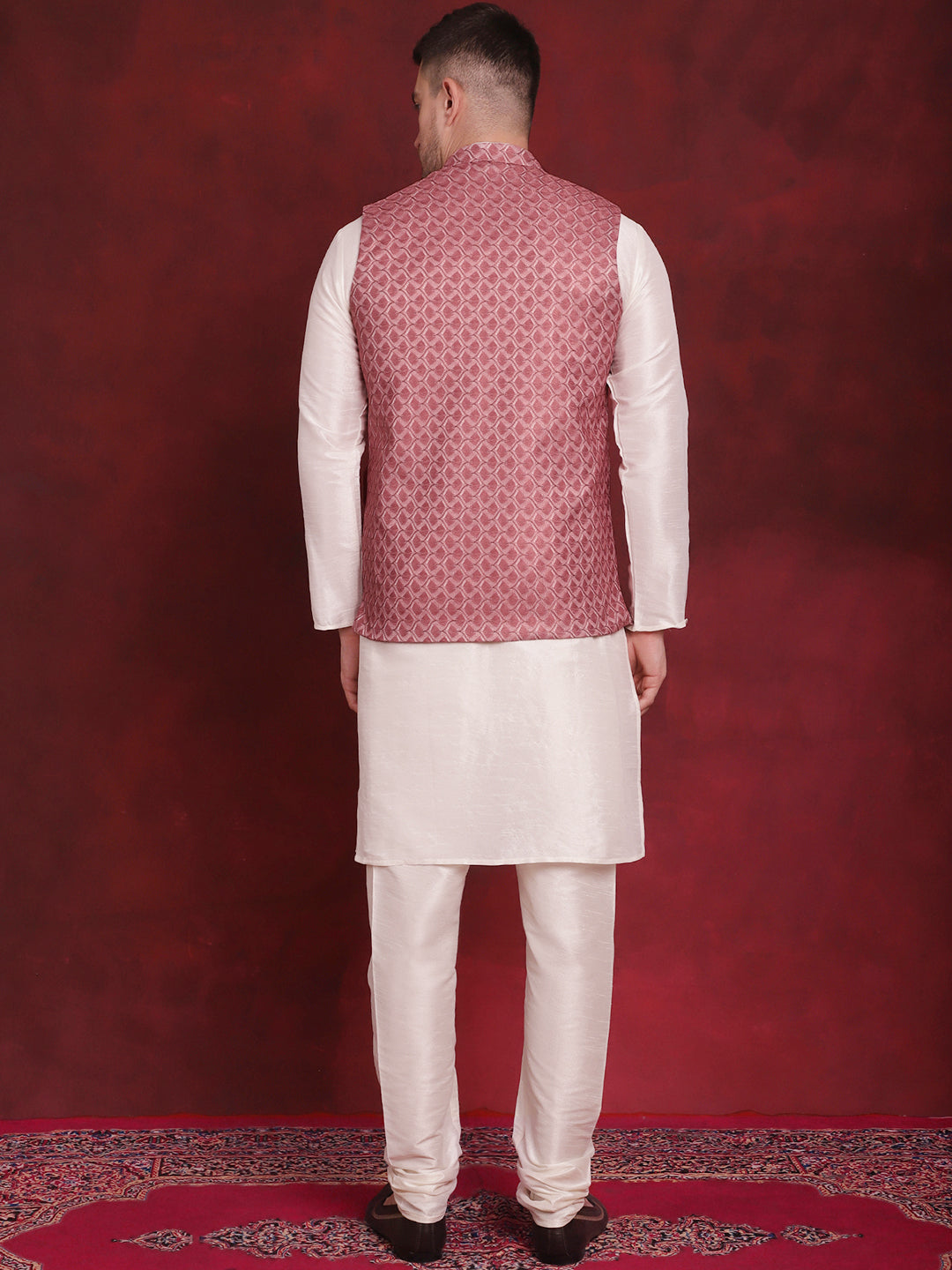 Jompers Men's Coral Woven Design Nehru Jacket With Kurta Pyjama Set | Grocsy