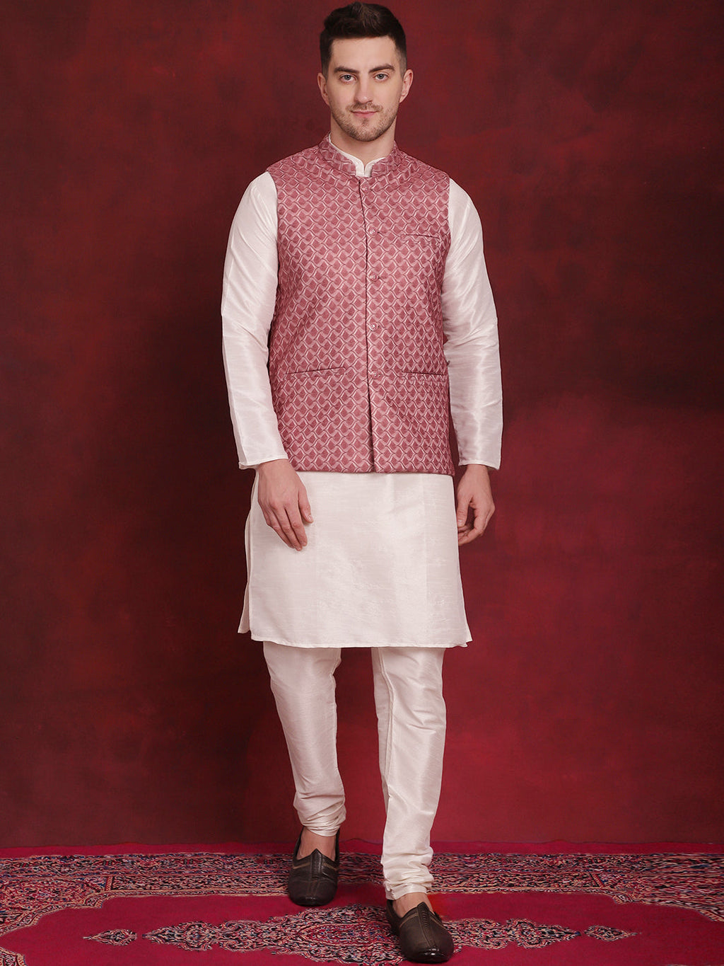Jompers Men's Coral Woven Design Nehru Jacket With Kurta Pyjama Set | Grocsy