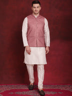 Jompers Men's Coral Woven Design Nehru Jacket With Kurta Pyjama Set | Grocsy