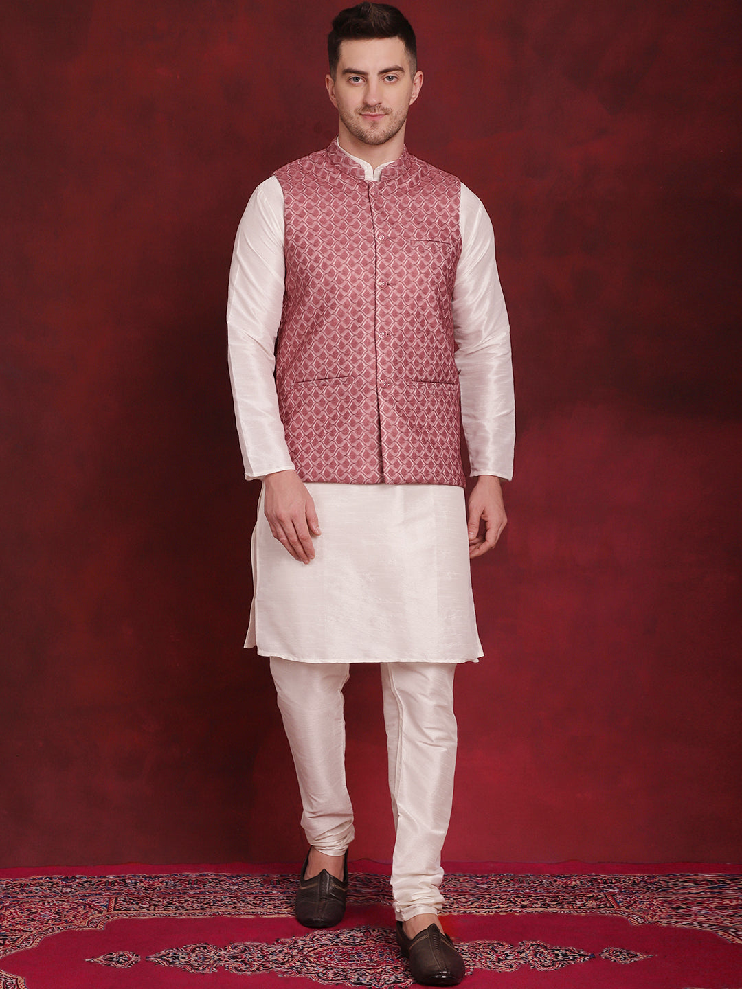 Jompers Men's Coral Woven Design Nehru Jacket With Kurta Pyjama Set | Grocsy