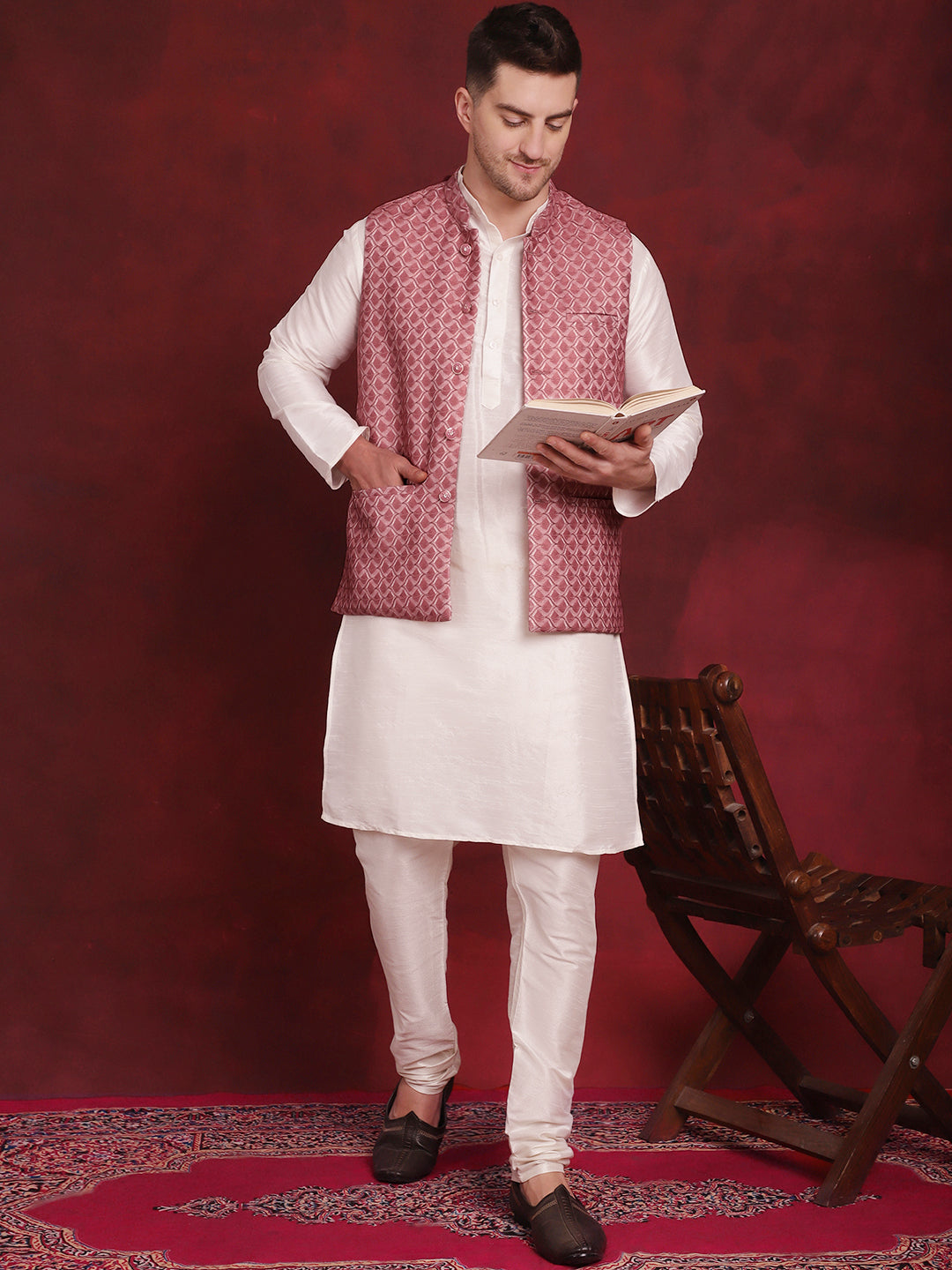 Jompers Men's Coral Woven Design Nehru Jacket With Kurta Pyjama Set | Grocsy