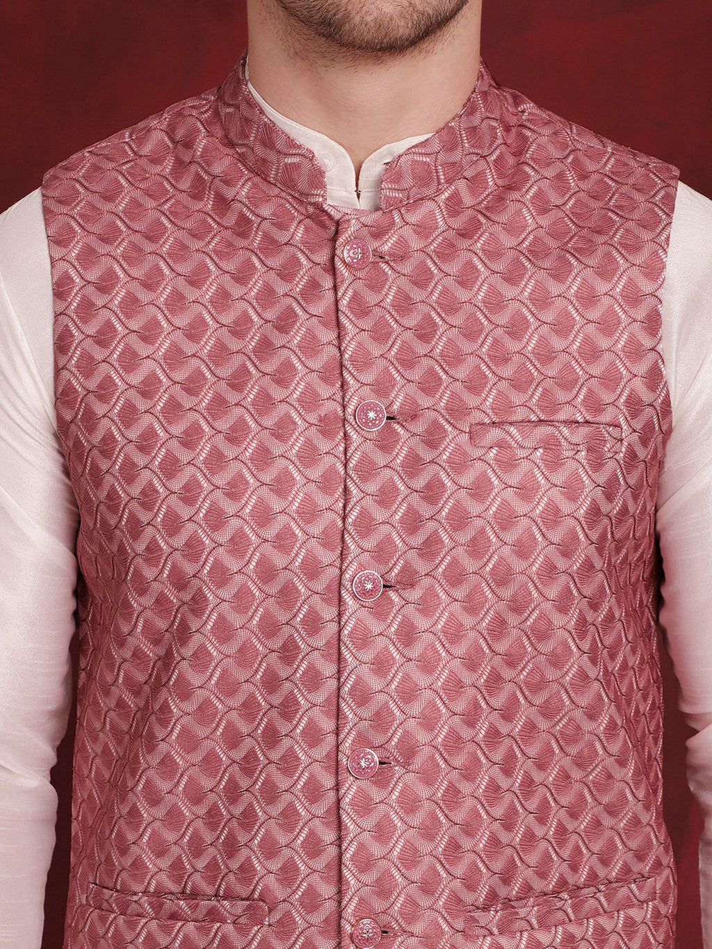 Jompers Men's Coral Woven Design Nehru Jacket With Kurta Pyjama Set | Grocsy