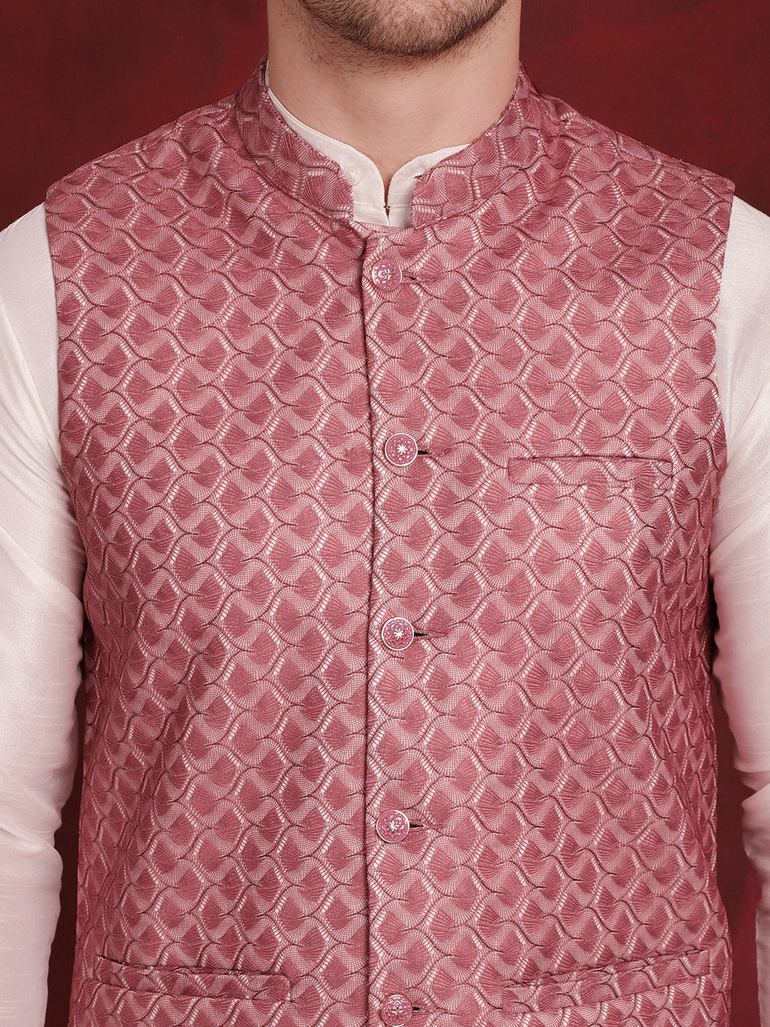 Jompers Men's Coral Woven Design Nehru Jacket With Kurta Pyjama Set | Grocsy