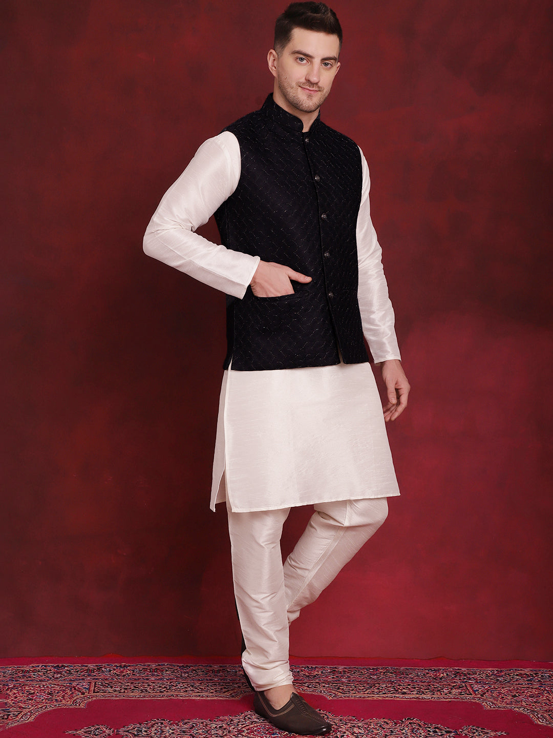 Jompers Men's Navy Blue Woven Design Nehru Jacket With Kurta Pyjama Set | Grocsy