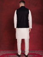 Jompers Men's Navy Blue Woven Design Nehru Jacket With Kurta Pyjama Set | Grocsy