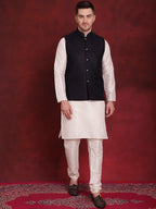 Jompers Men's Navy Blue Woven Design Nehru Jacket With Kurta Pyjama Set | Grocsy