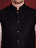 Jompers Men's Navy Blue Woven Design Nehru Jacket With Kurta Pyjama Set | Grocsy