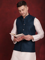 Jompers Men's Blue Woven Design Nehru Jacket With Kurta Pyjama Set | Grocsy