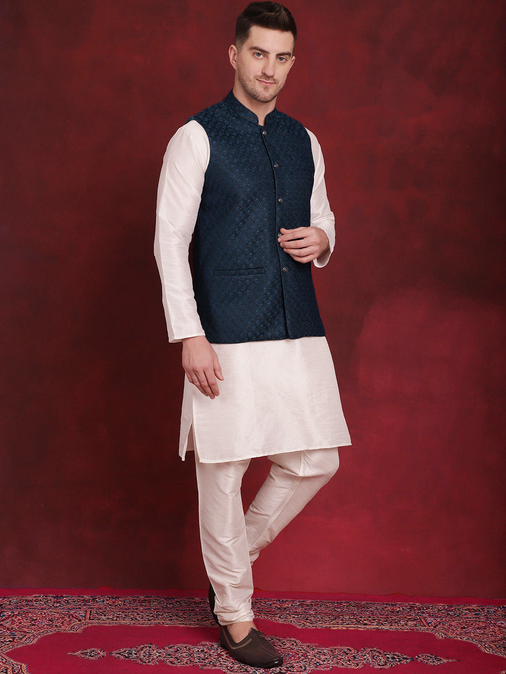 Jompers Men's Blue Woven Design Nehru Jacket With Kurta Pyjama Set | Grocsy