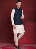 Jompers Men's Blue Woven Design Nehru Jacket With Kurta Pyjama Set | Grocsy