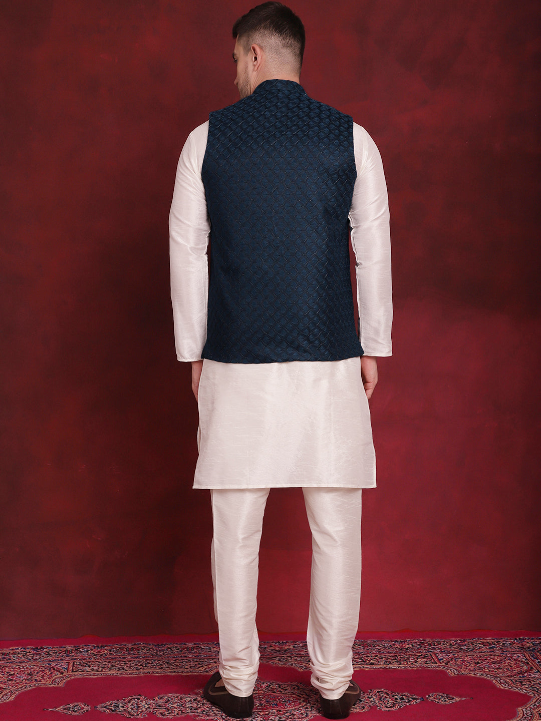 Jompers Men's Blue Woven Design Nehru Jacket With Kurta Pyjama Set | Grocsy